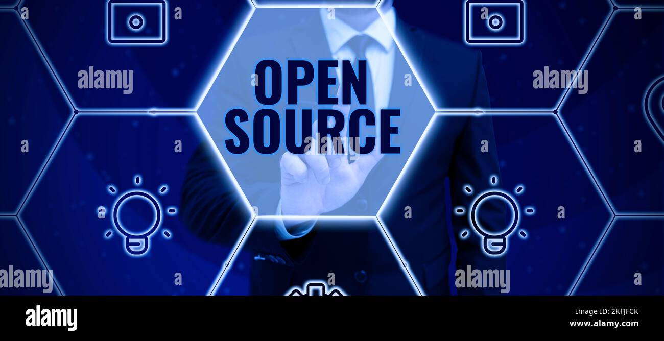 Text showing inspiration Open Source. Word for denoting software which original source code freely available Stock Photo