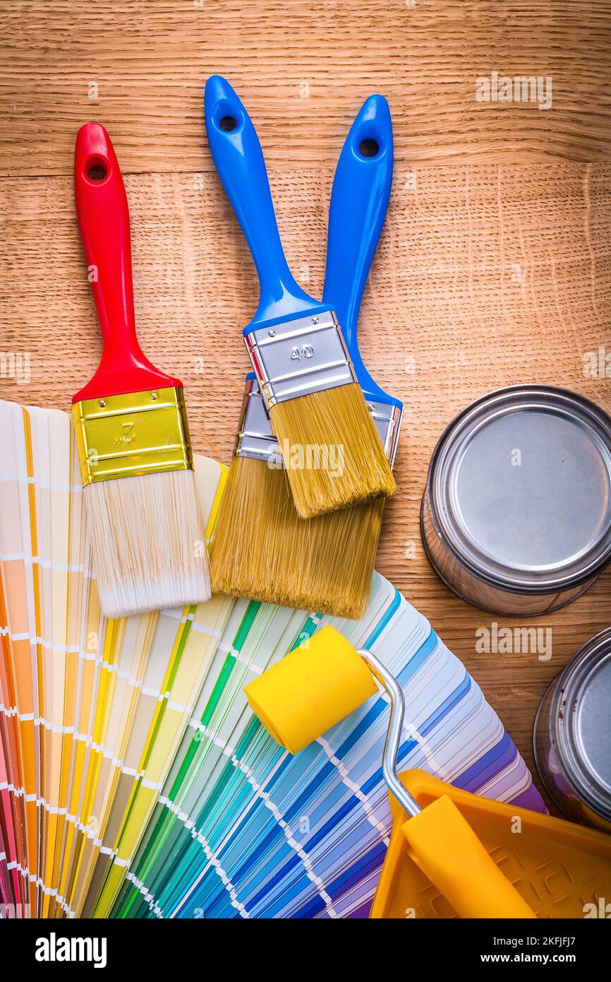 paint brushes roller tray cans color palette Stock Photo