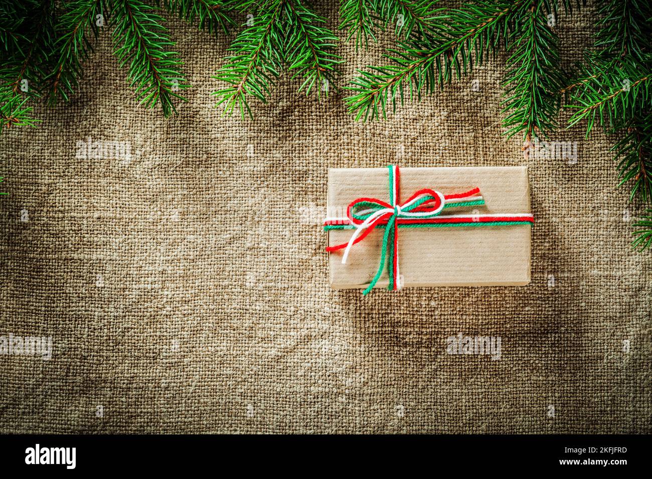 Pine tree twig handmade present box on bagging surface Stock Photo - Alamy
