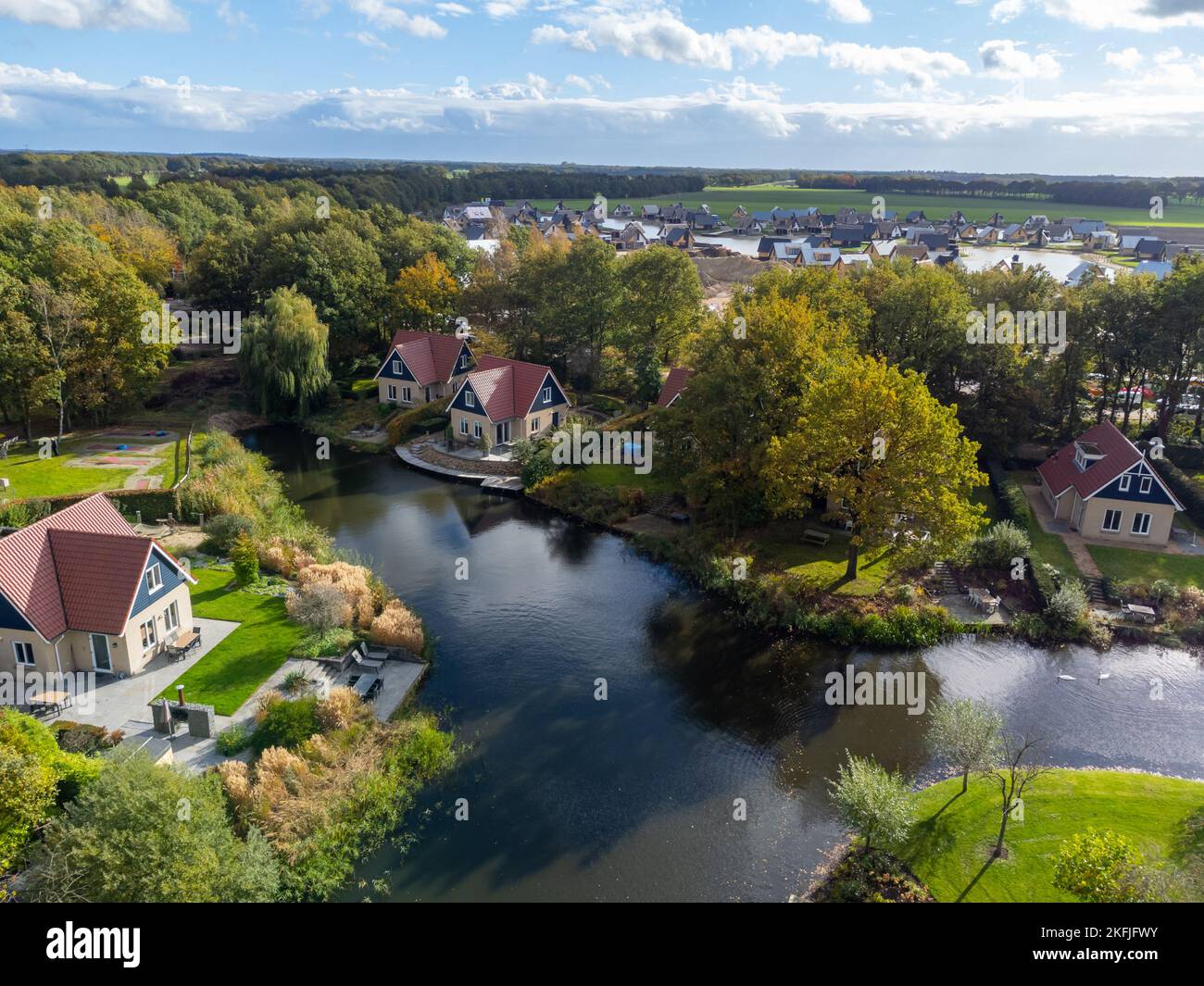 Dutch landscape, aerial view on houses and lakes in Drenthe province