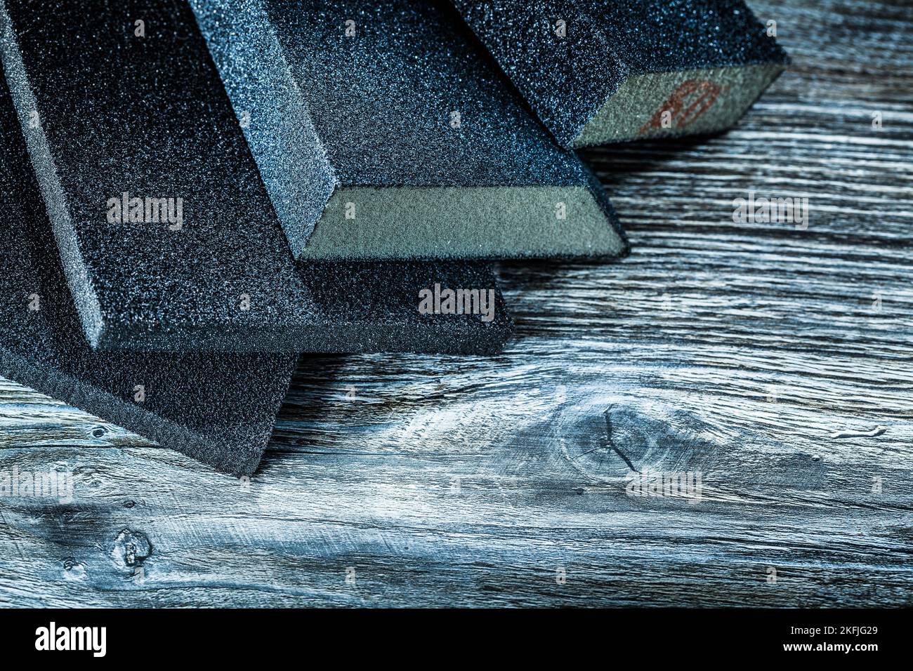 Polishing sanding sponges on vintage wooden board Stock Photo Alamy