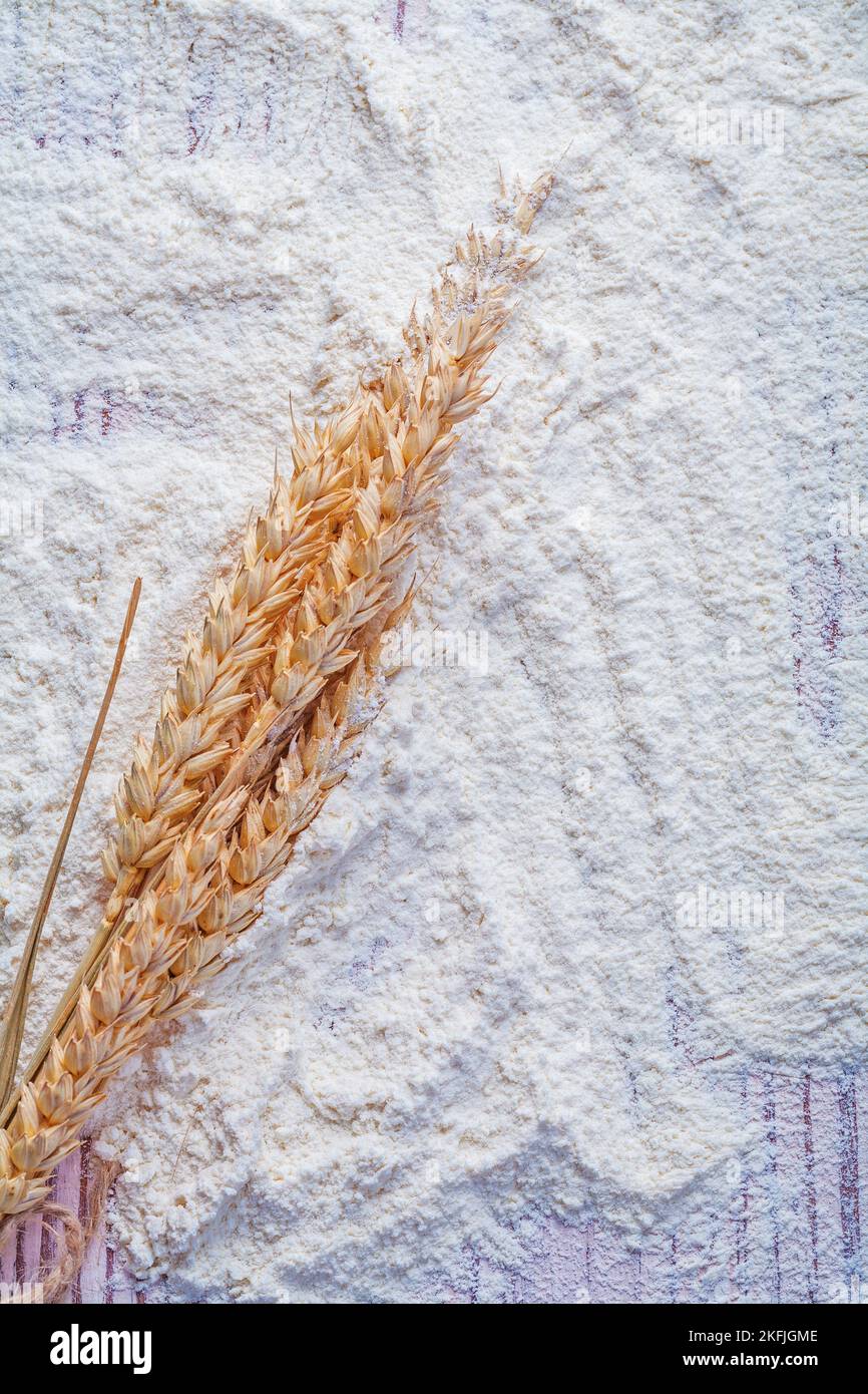 small bunch of wheat ears on flour food and drink concept Stock Photo
