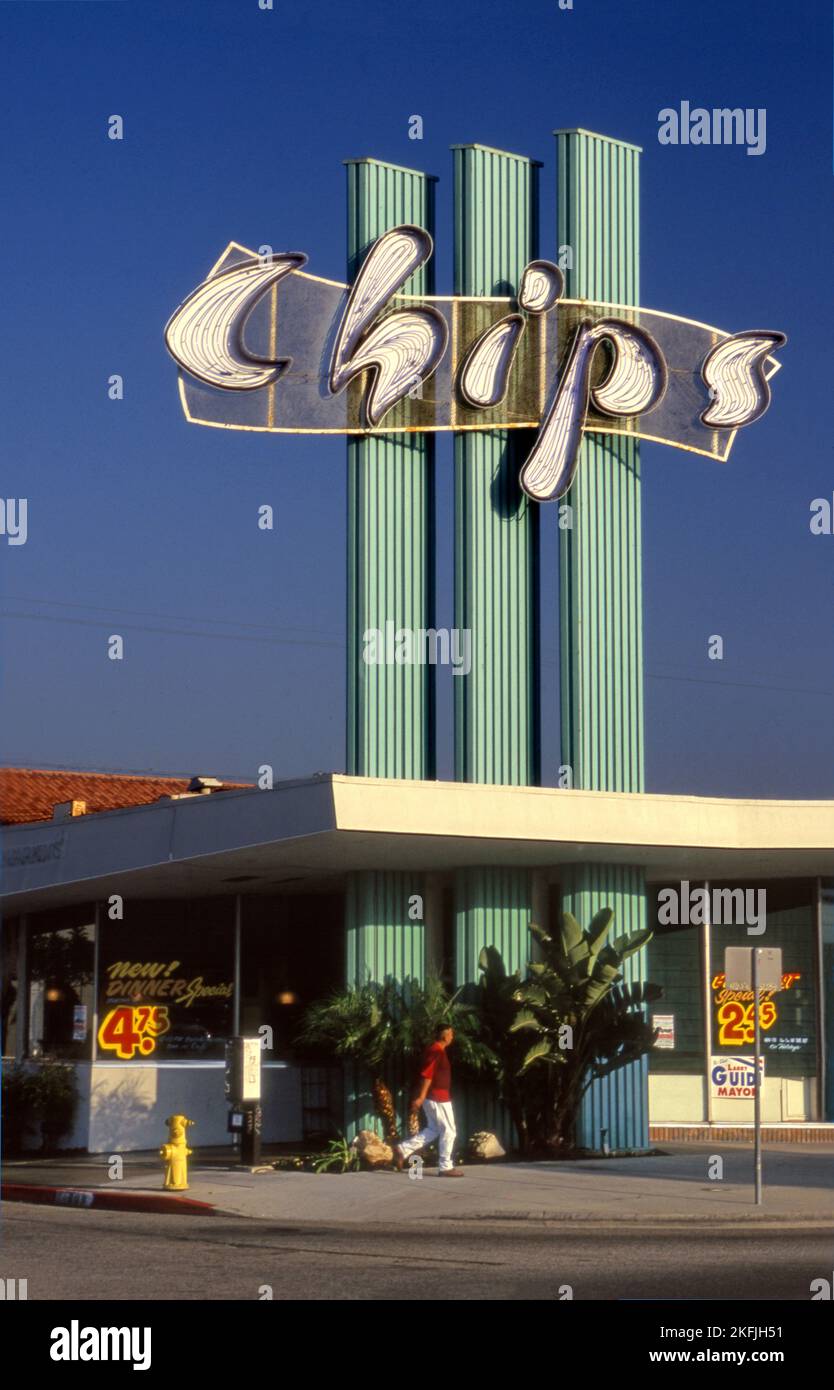 Googie style sign and architecture of Chips Coffee Shop in Hawthorne, CA Stock Photo