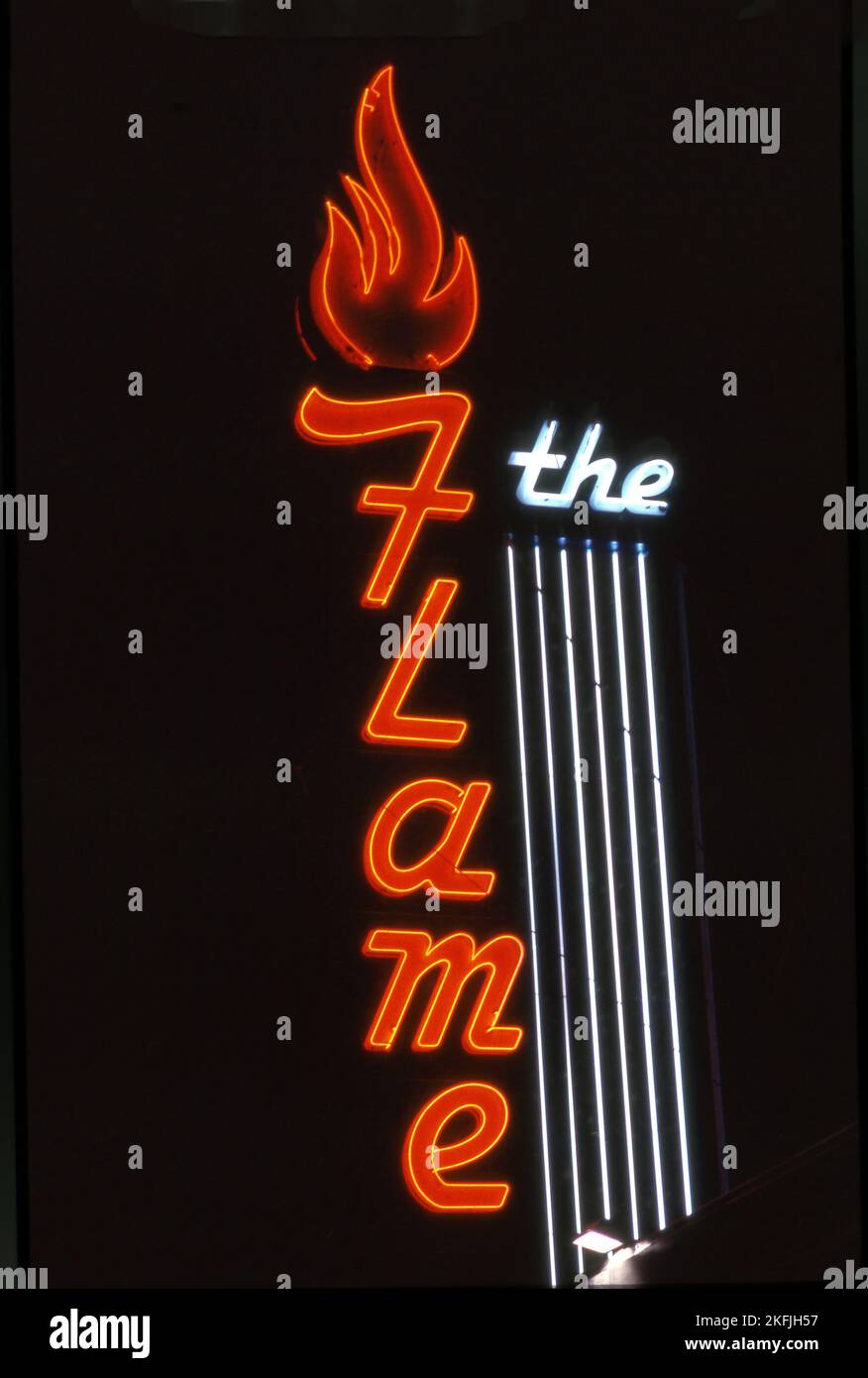 The Flame, neon sign, bar restaurant near San Diego, CA Stock Photo