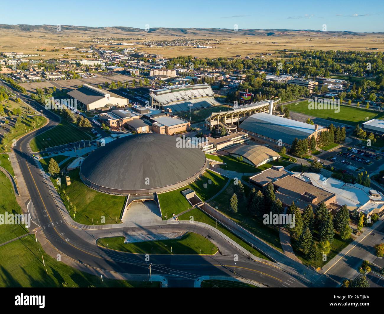 A drone shot of Laramie Wyoming neighborhood's cityscape near