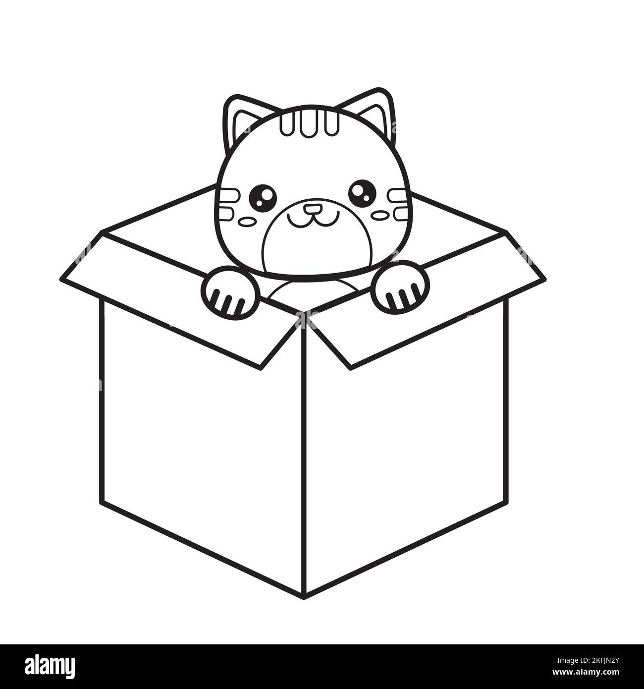 Contour illustration of a cute cat sitting in a box. Vector coloring book. Stock Vector