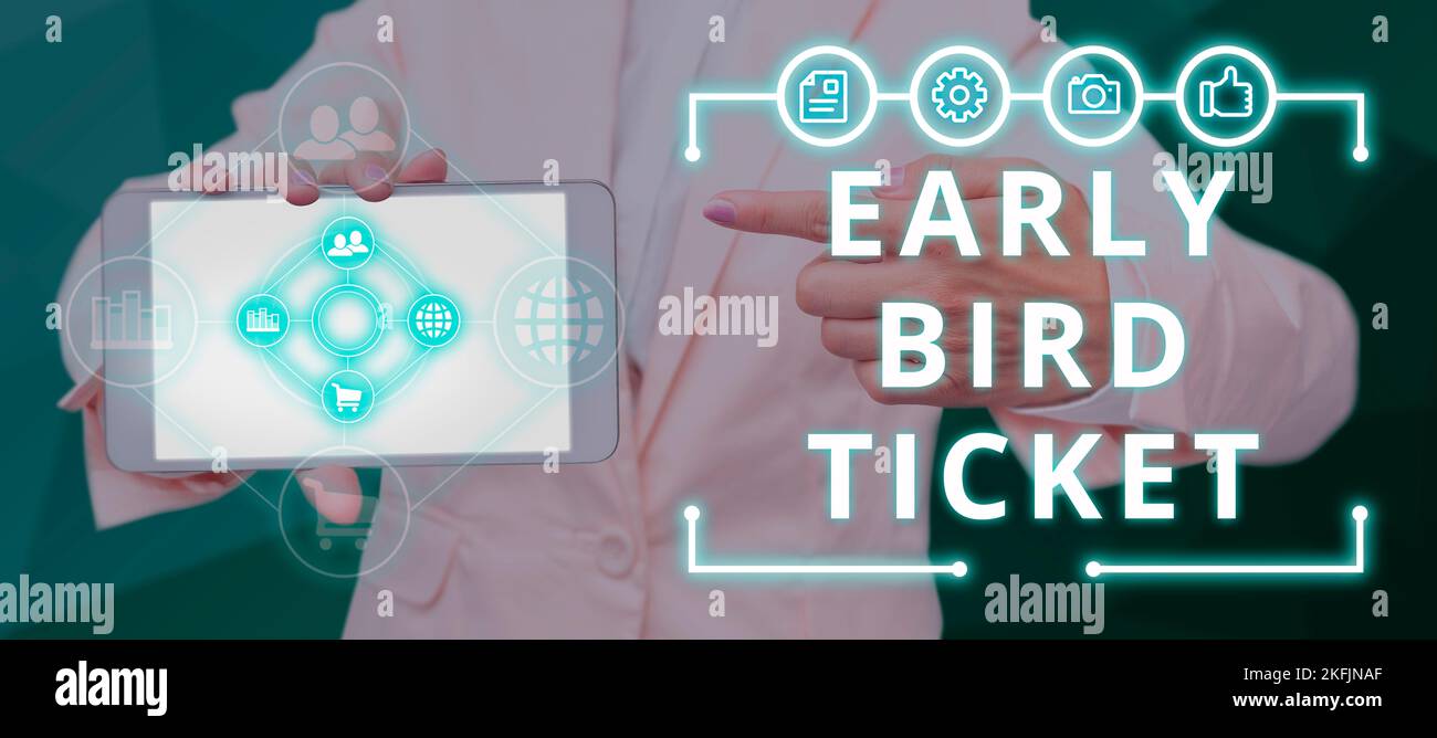 Handwriting text Early Bird Ticket. Word for Buying a ticket before it