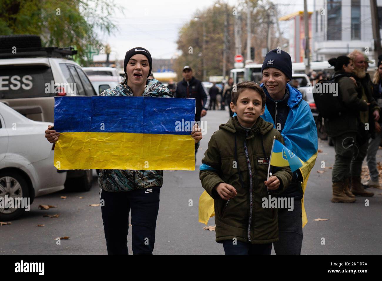 Kherson, Ukraine. 16th Nov, 2022. Kherson's children are seen parading the city. Residents of Kherson are still overjoy about the liberation of the city, putting more than 8 months of occupation to an end. However, the southern regional capital still has no electricity, water and minimum of signal and food supply. Credit: SOPA Images Limited/Alamy Live News Stock Photo