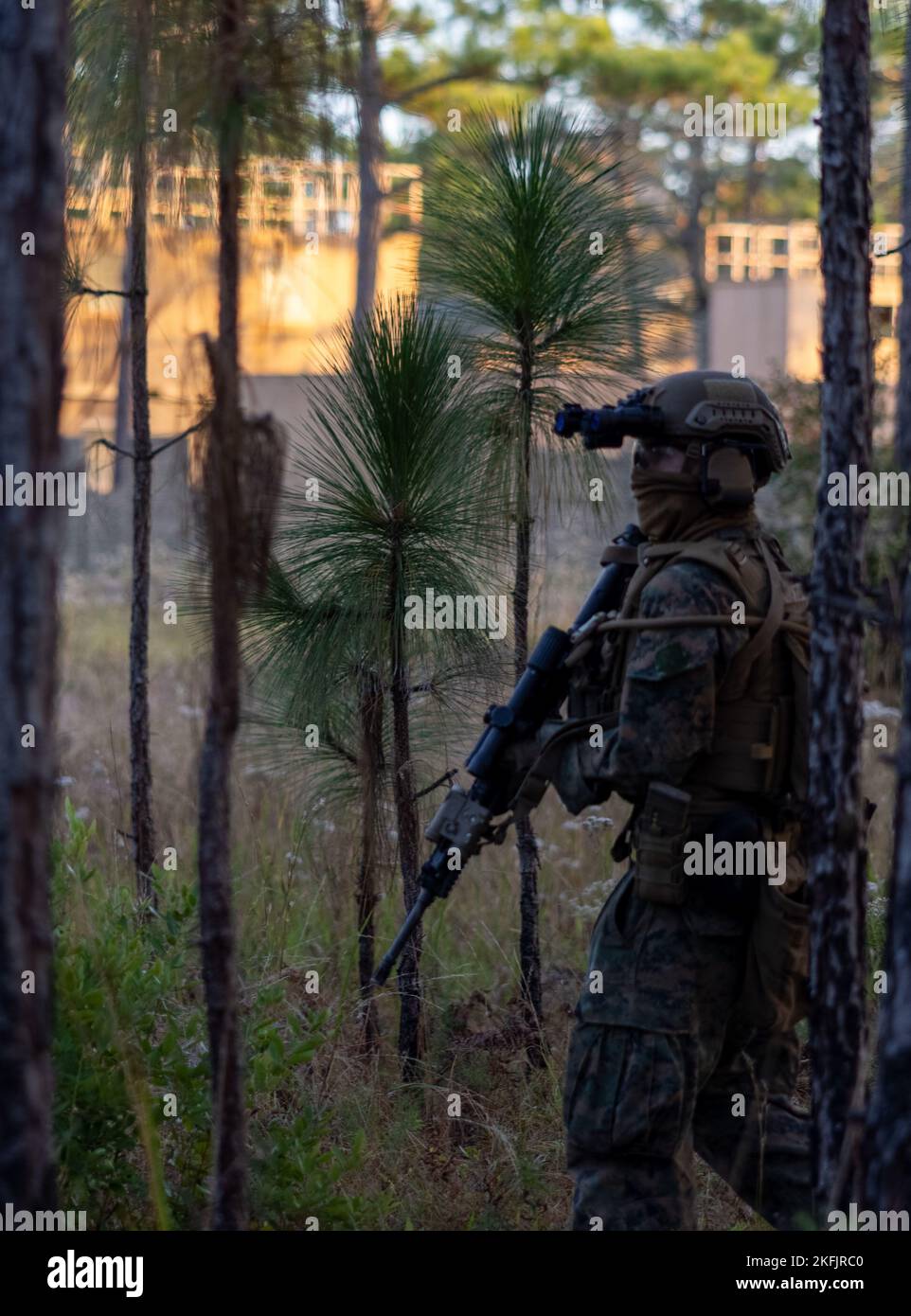 A U.S. Marine with the Maritime Special Purpose Force, 26th Marine Expeditionary Unit, begins a patrol towards an objective building during Security Element and Enabler's Course (SEEC) on Marine Corps Base Camp Lejeune, North Carolina, Nov. 7, 2022. SEEC provides advanced combat marksmanship and small unit tactical training in order to provide the Marine Air-Ground Task Force with an element capable of supporting and reinforcing the reconnaissance detachment assault element while deployed. (U.S. Marine Corps photo by Lance Cpl. Rafael Brambila-Pelayo) Stock Photo