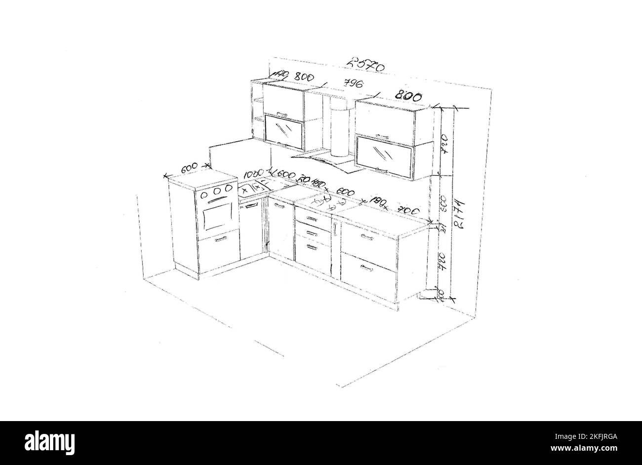 Sketch, drawing of furniture for the kitchen with dimensions, design project Stock Photo