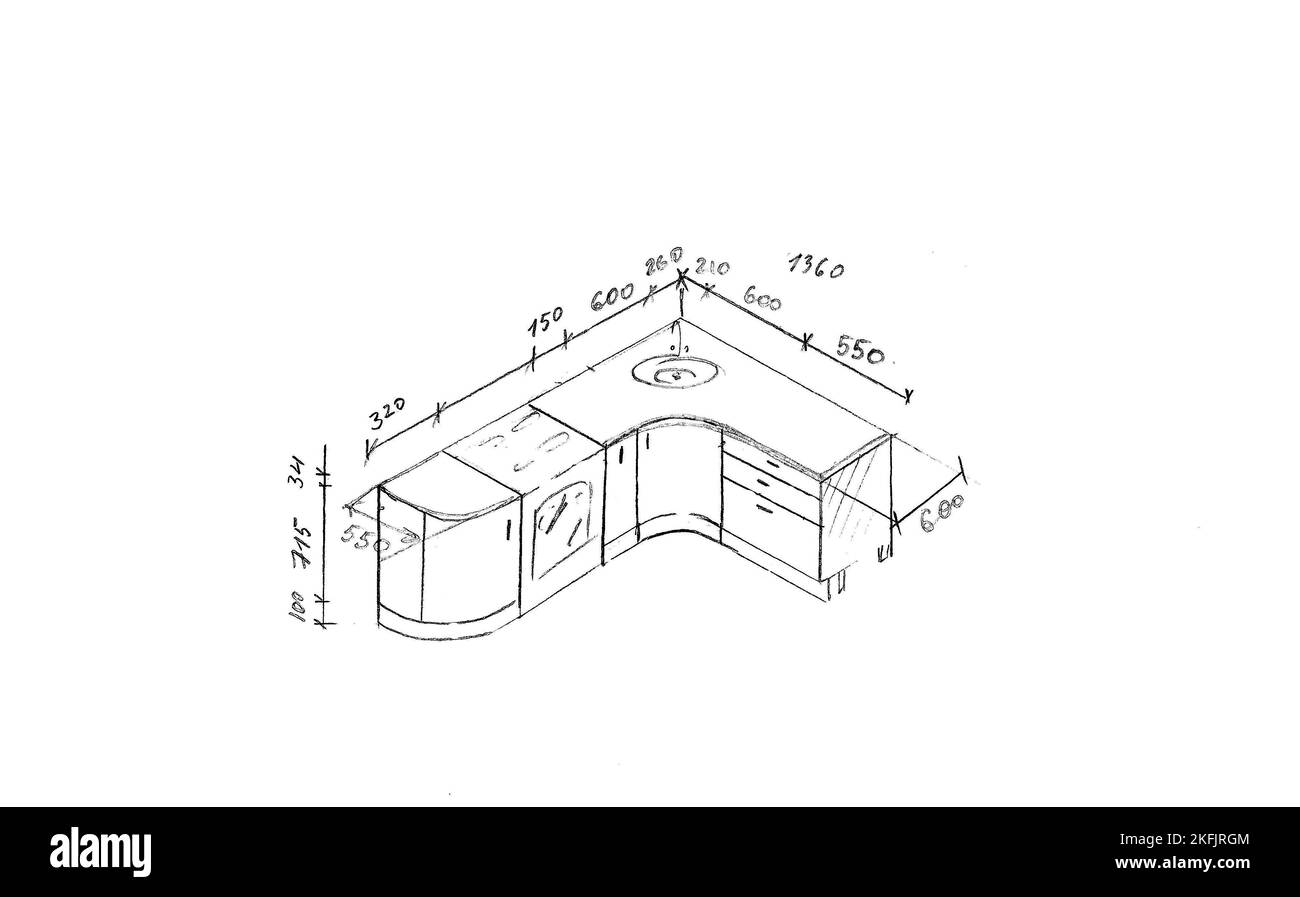 Sketch, drawing of furniture for the kitchen with dimensions, design