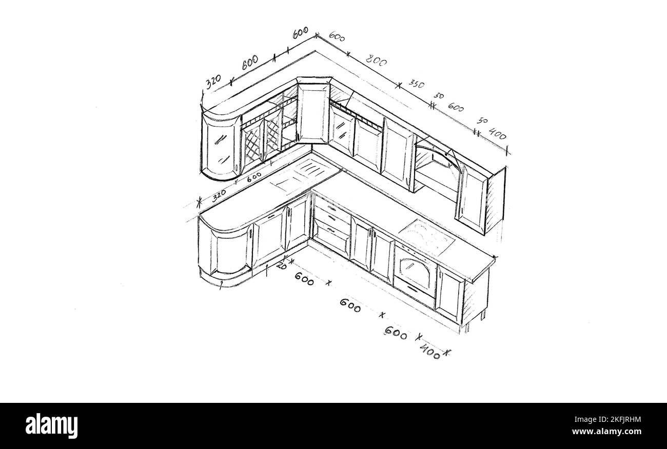 Sketch, drawing of furniture for the kitchen with dimensions, design project Stock Photo