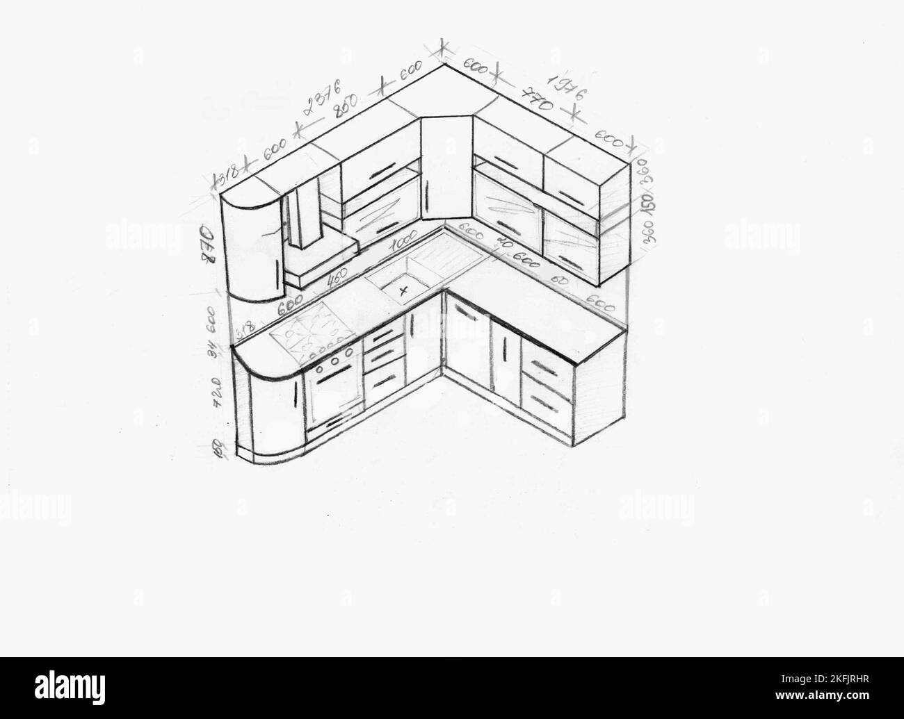 drawing, sketch of kitchen furniture with dimensions Stock Photo Alamy
