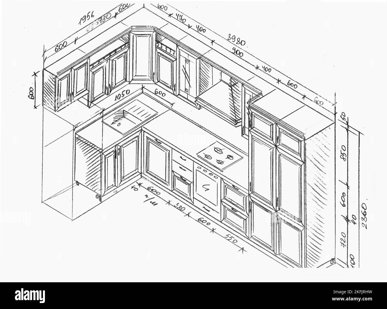 drawing, sketch of kitchen furniture with dimensions Stock Photo Alamy