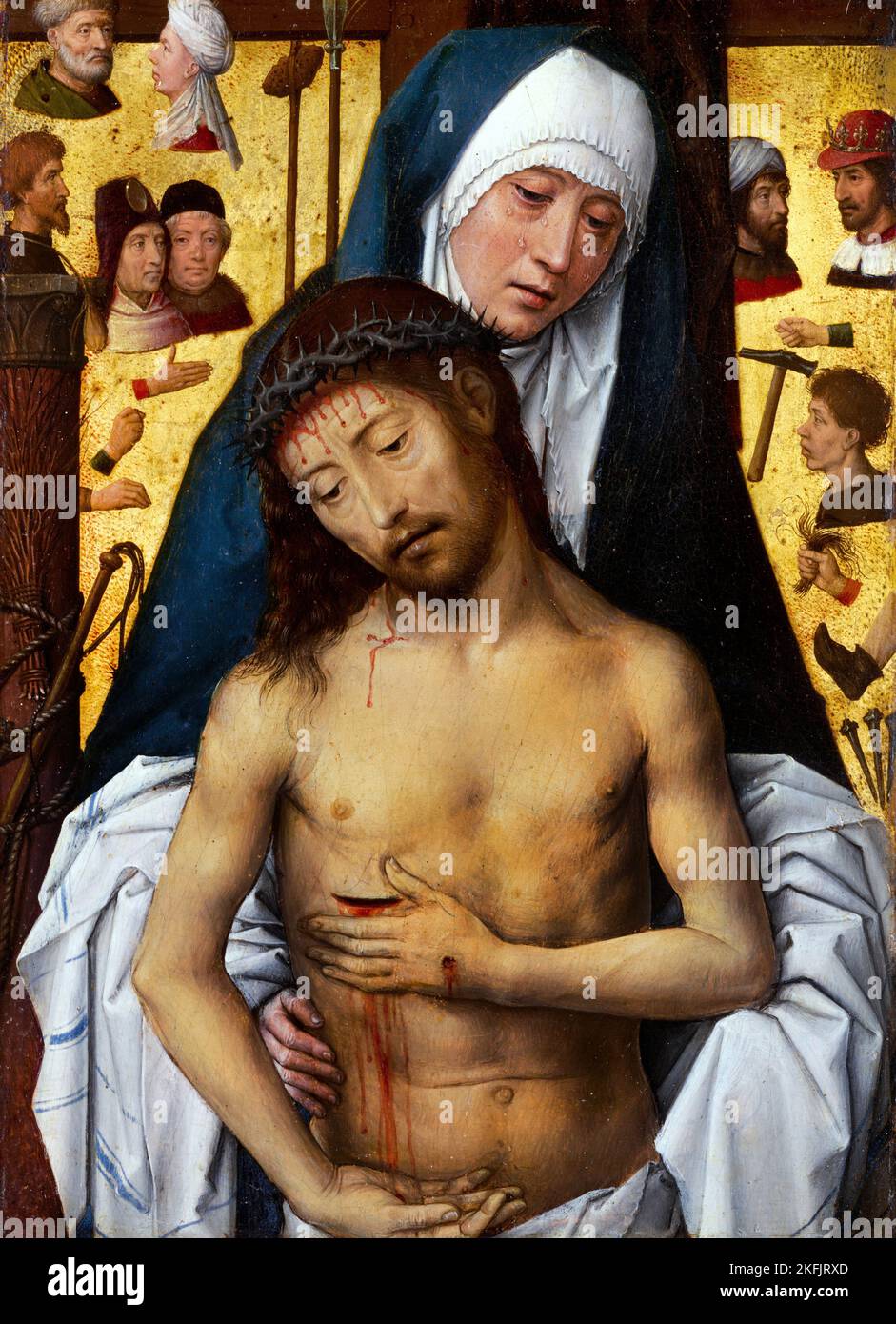 Hans Memling; The Man of Sorrows in the Arms of the Virgin; Circa 1475-1479; Oil on panel; National Gallery of Victoria, Australia. Stock Photo