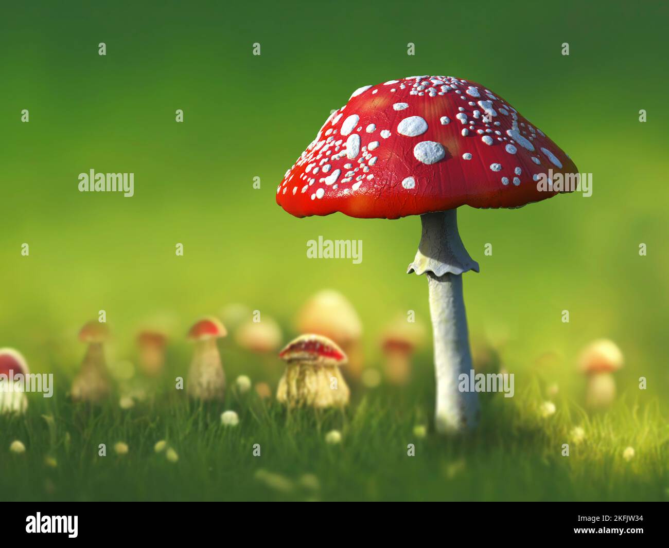 Fly agaric mushrooms, illustration Stock Photo