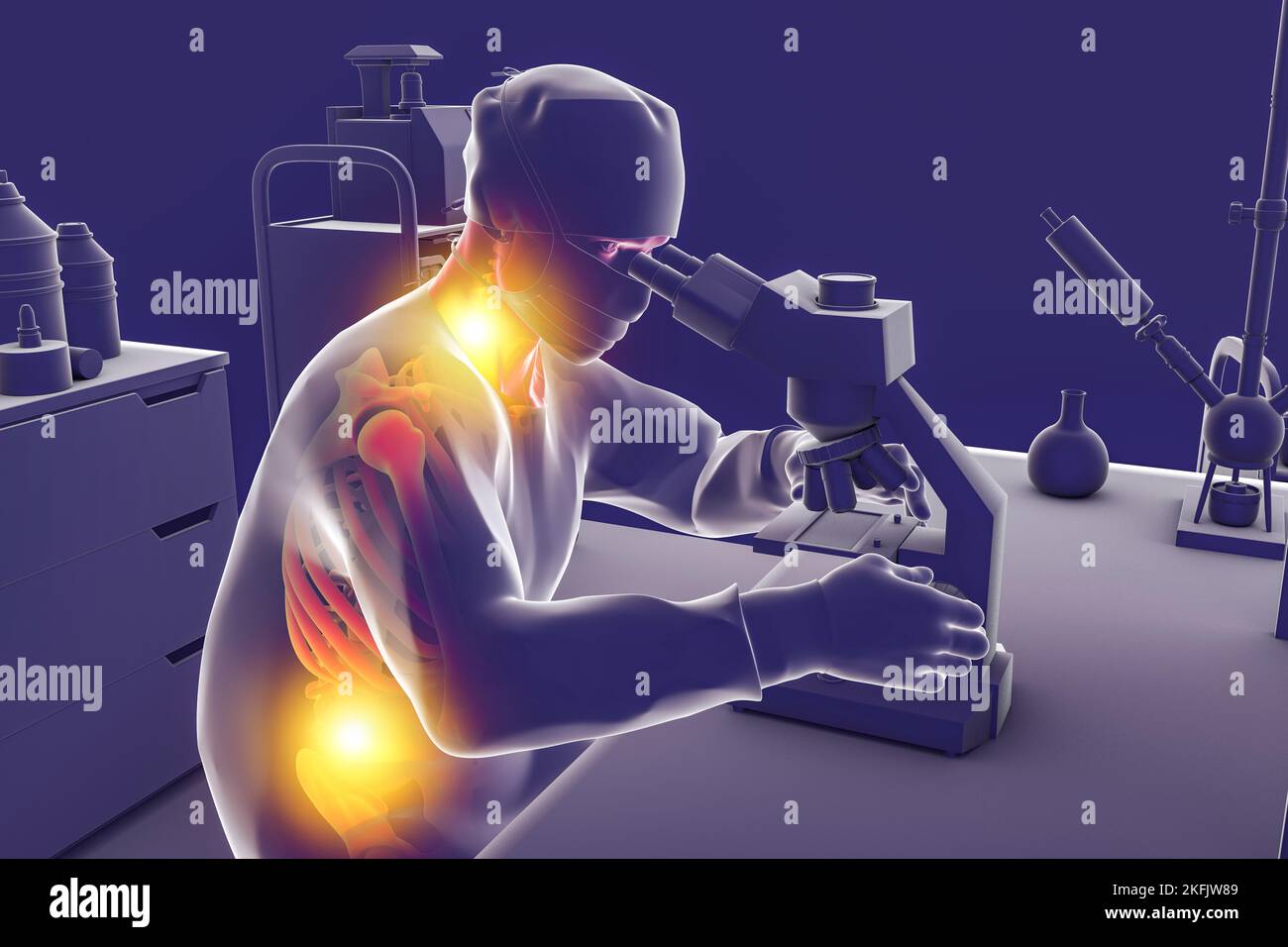 Musculoskeletal disorders in laboratory workers, illustration Stock Photo