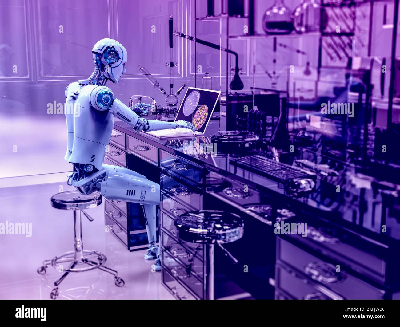 Humanoid robot working with laptop, conceptual illustration Stock Photo