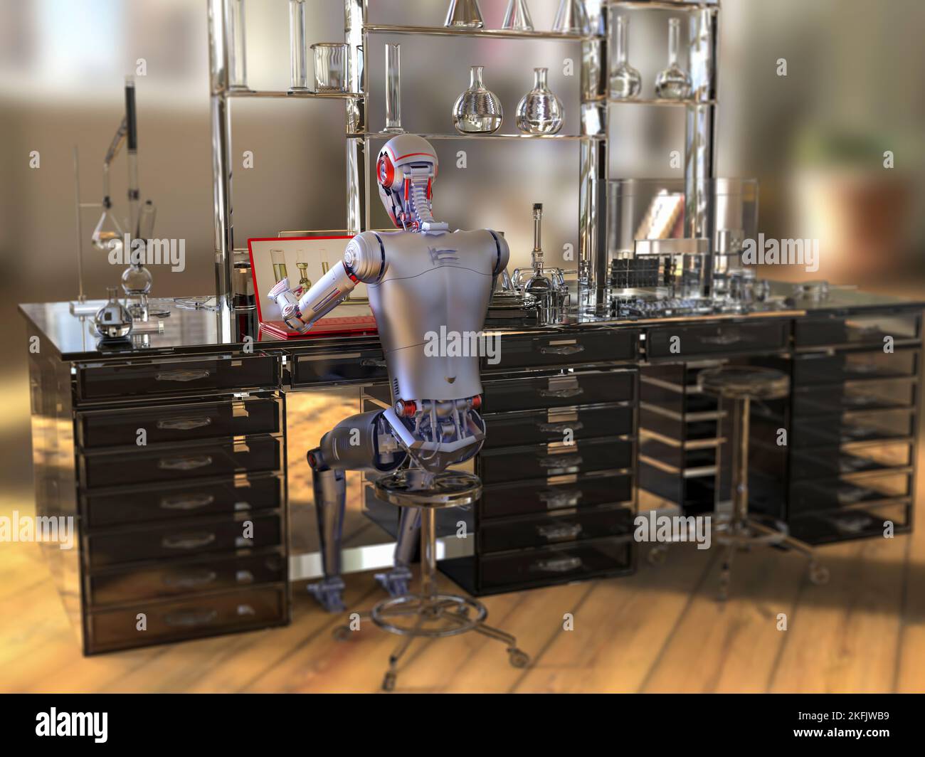 Humanoid robot working with laptop, conceptual illustration Stock Photo