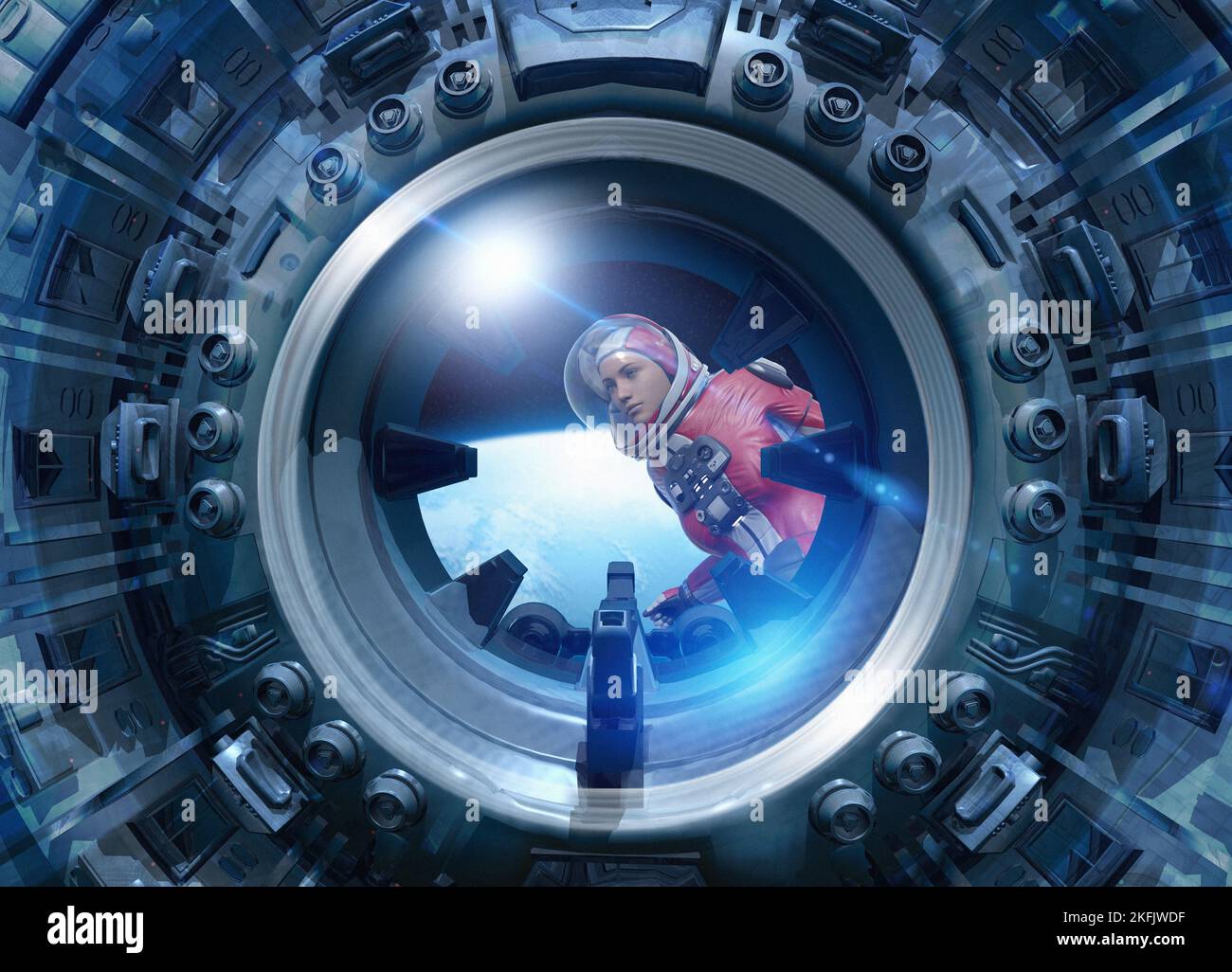 Astronaut looking into the window of spaceship, illustration Stock Photo