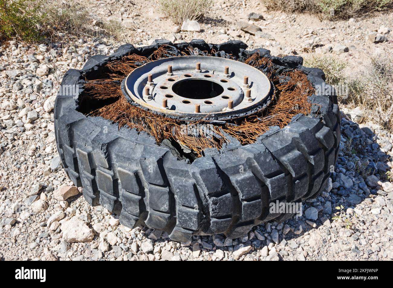 old abandoned broken truck wheel and tire in the desert with rusting steel belts Stock Photo