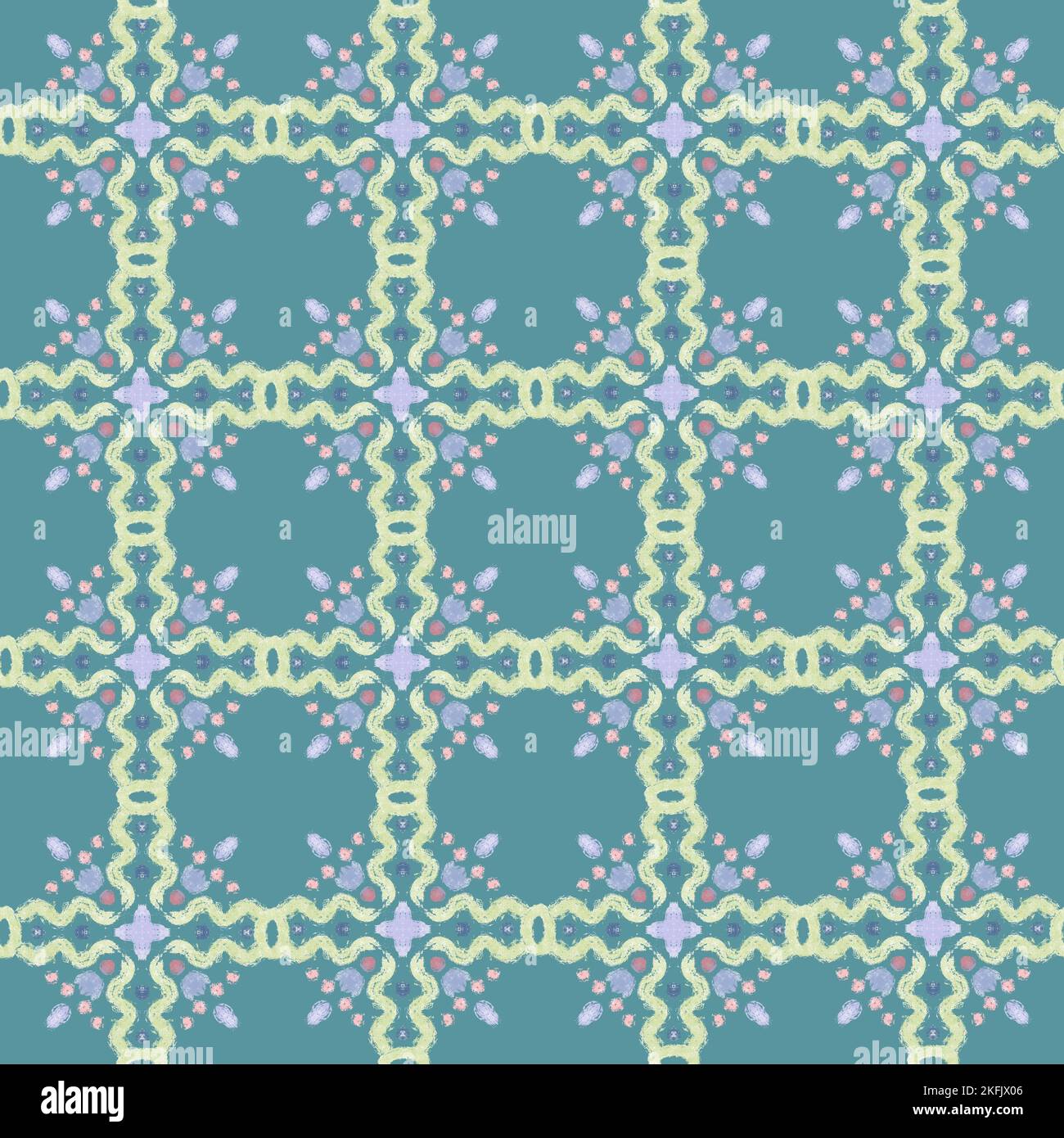 Geometric symmetry seamless pattern. Blue color oriental motif with chalk stroke texture. Stock Photo