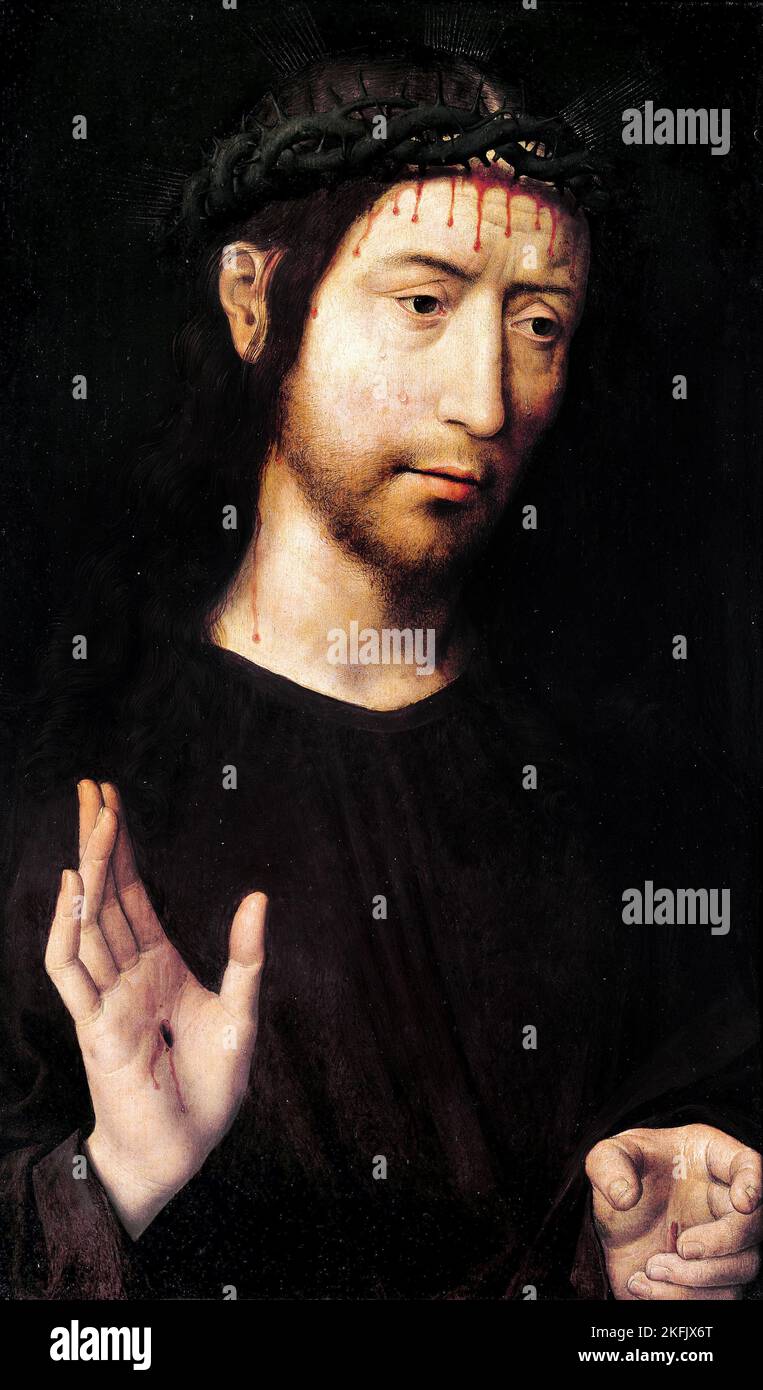 Hans Memling; The Man of Sorrows Blessing; Circa 1480-1490; Oil on panel; Musei di Strada Nuova, Genoa, Italy. Stock Photo