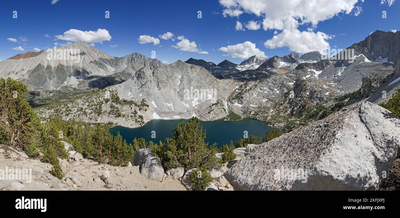 panorama overlooking Ruby Lake from the Mono Pass Trail with the Little Lakes Valley and Mount Morgan Bear Creek Spire Mount Dade Mount Abbot and Moun Stock Photo