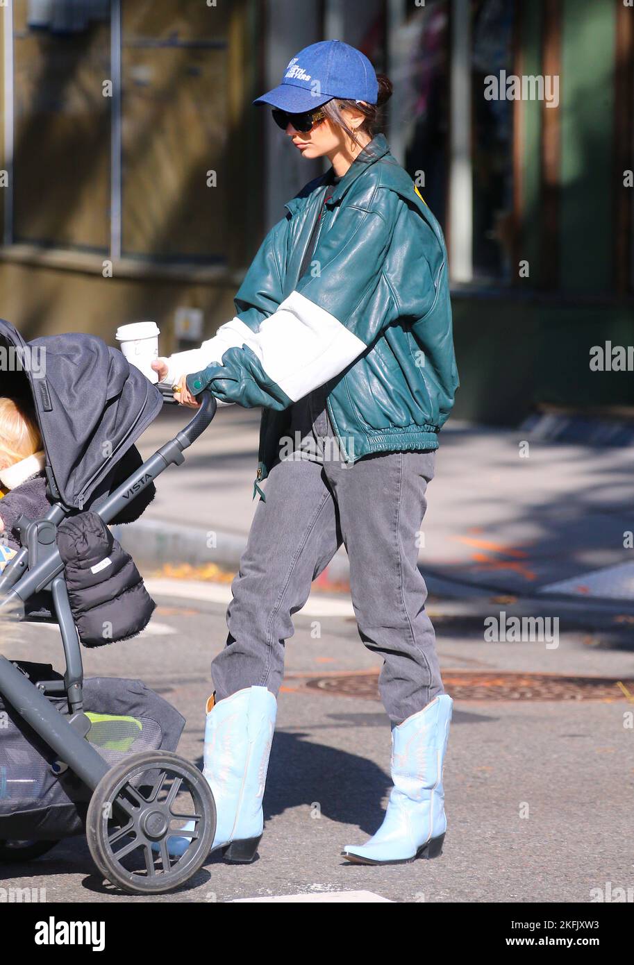 Emily Ratajkowski with her son Sylvester strolling in a cold weather