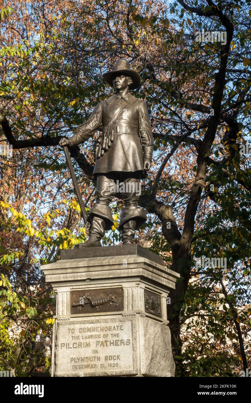 The pilgrim statue honoring the mayflower descendants is a bronze sculpture in Central Park, 2022, New York City, USA Stock Photo