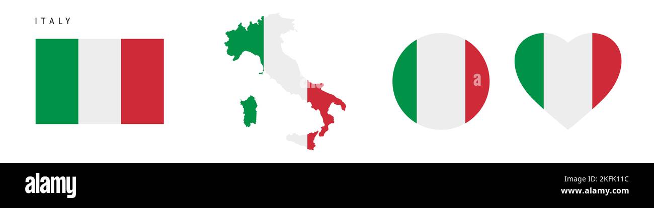 Italy flag icon set. Italian pennant in official colors and proportions. Rectangular, map-shaped, circle and heart-shaped. Flat illustration isolated Stock Photo