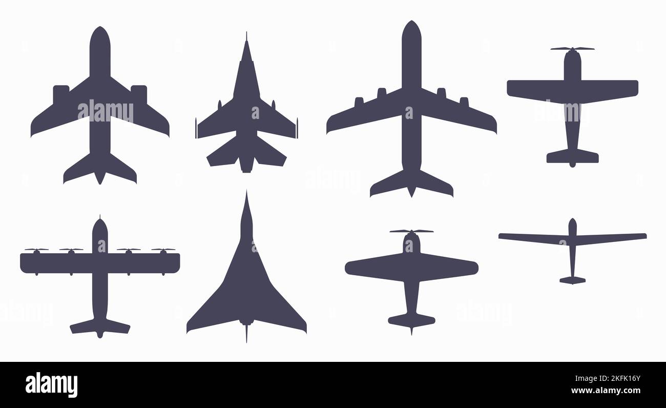 Eight aircraft of different types airplane silhouette. Passenger and