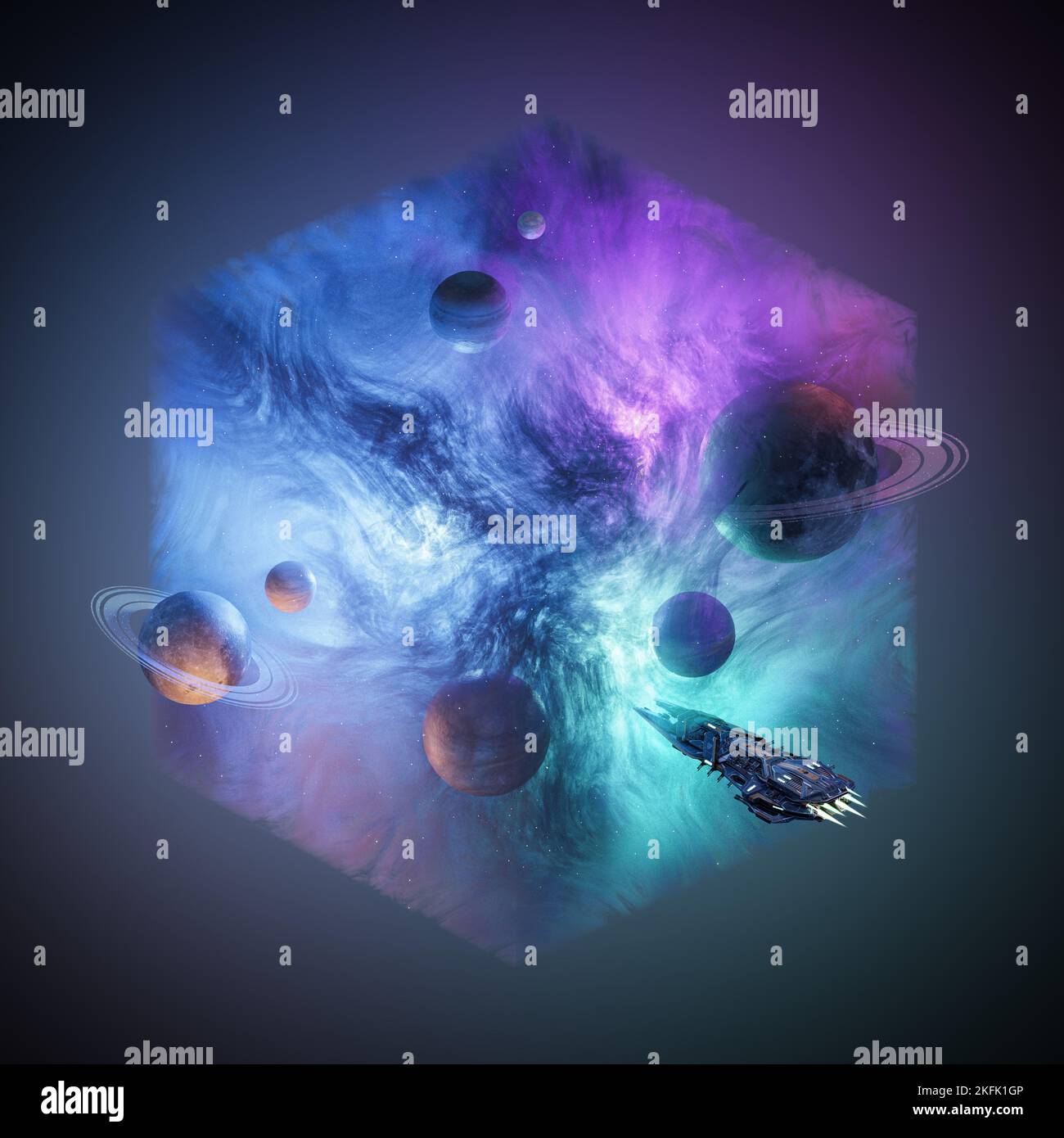 Cosmic space cube with spaceship entering colorful magic planet world. 3d rendering. Cubic concept Stock Photo