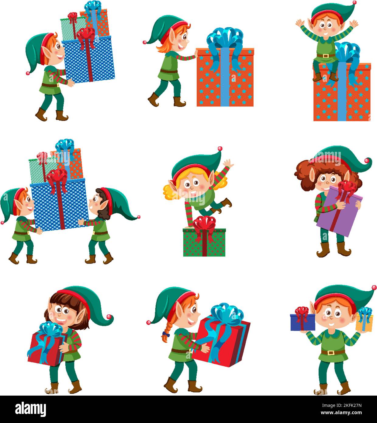 Christmas elves cartoon characters set illustration Stock Vector Image ...