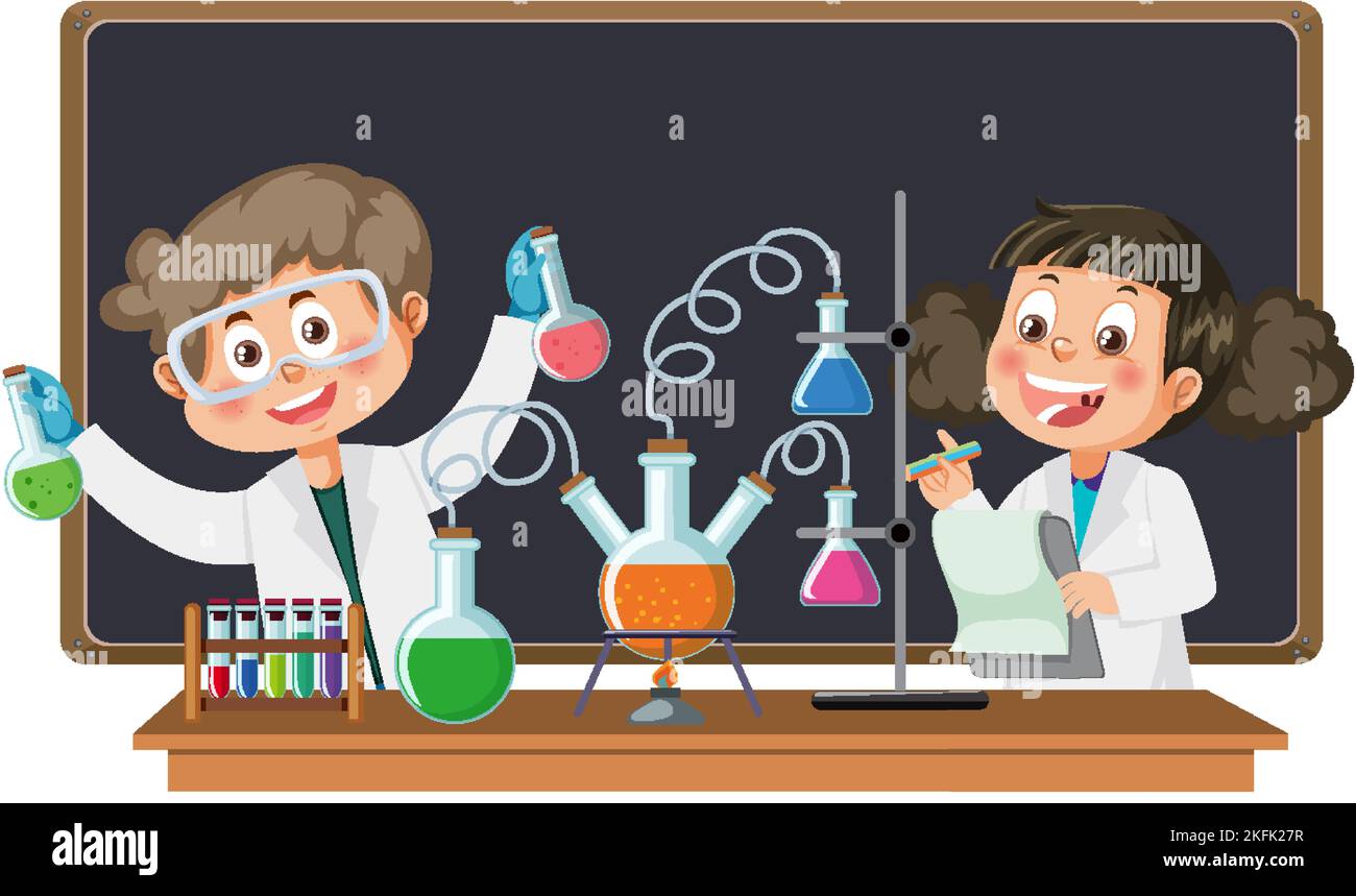 Scientist kids doing chemical experiment illustration Stock Vector
