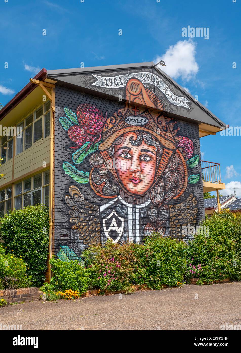 The “Amazons” mural is inspired by the Fire Ladies Fire Brigade in Australia, who were based in Armidale NSW (and called the Amazons) Stock Photo