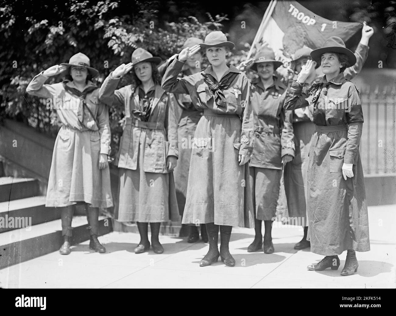 Girl Scouts - Troop #1. Mrs. Juliette Low, Founder, Right; Elenore Putsske, Center; Evaline Glance, 2nd from Right, 1917. Stock Photo