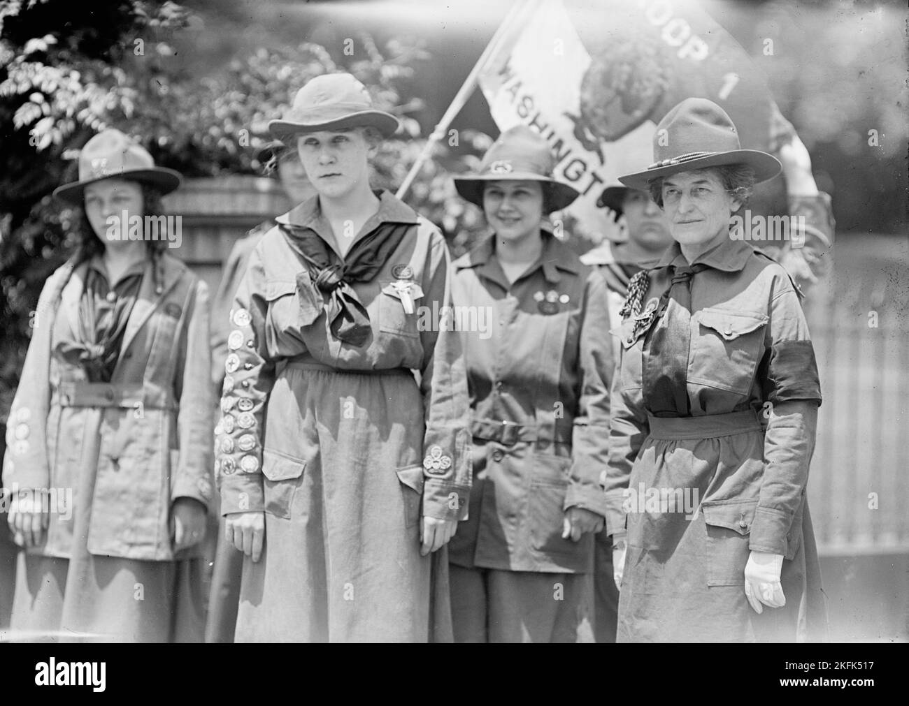 Girl Scouts - Troop #1. Mrs. Juliette Low, Founder, Right; Elenore Putsske, Center; Evaline Glance, 2nd from Right, 1917. Stock Photo