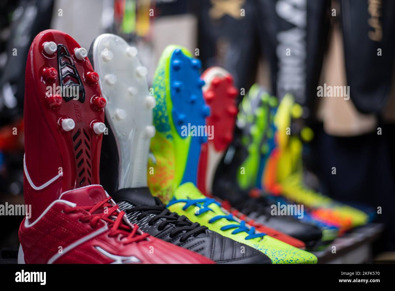 soccer spikes are display in a store Stock Photo