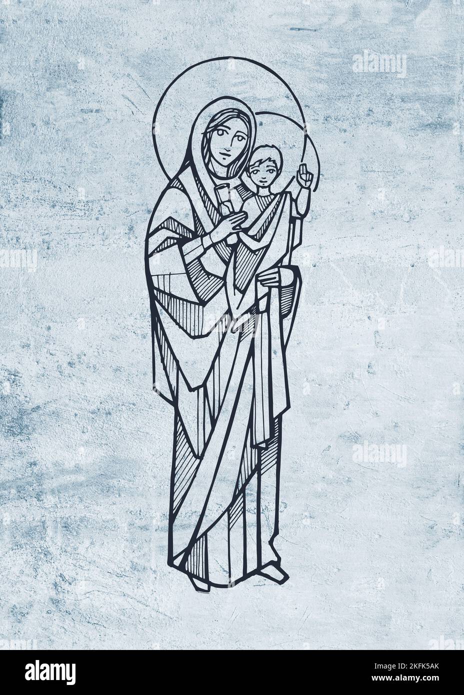 Hand drawn illustration or drawing of Holy Mary, Queen of the Apostles ...