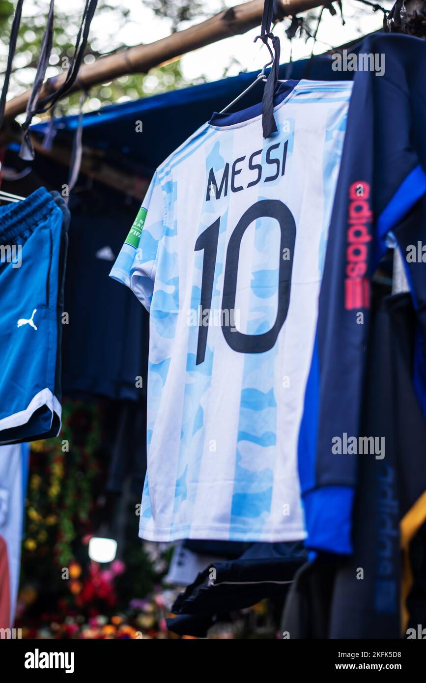 Calcutta, India - November 15, 2022. Soccer jerseys of Leonor Messi is hanging in a retail shop to sell. Stock Photo