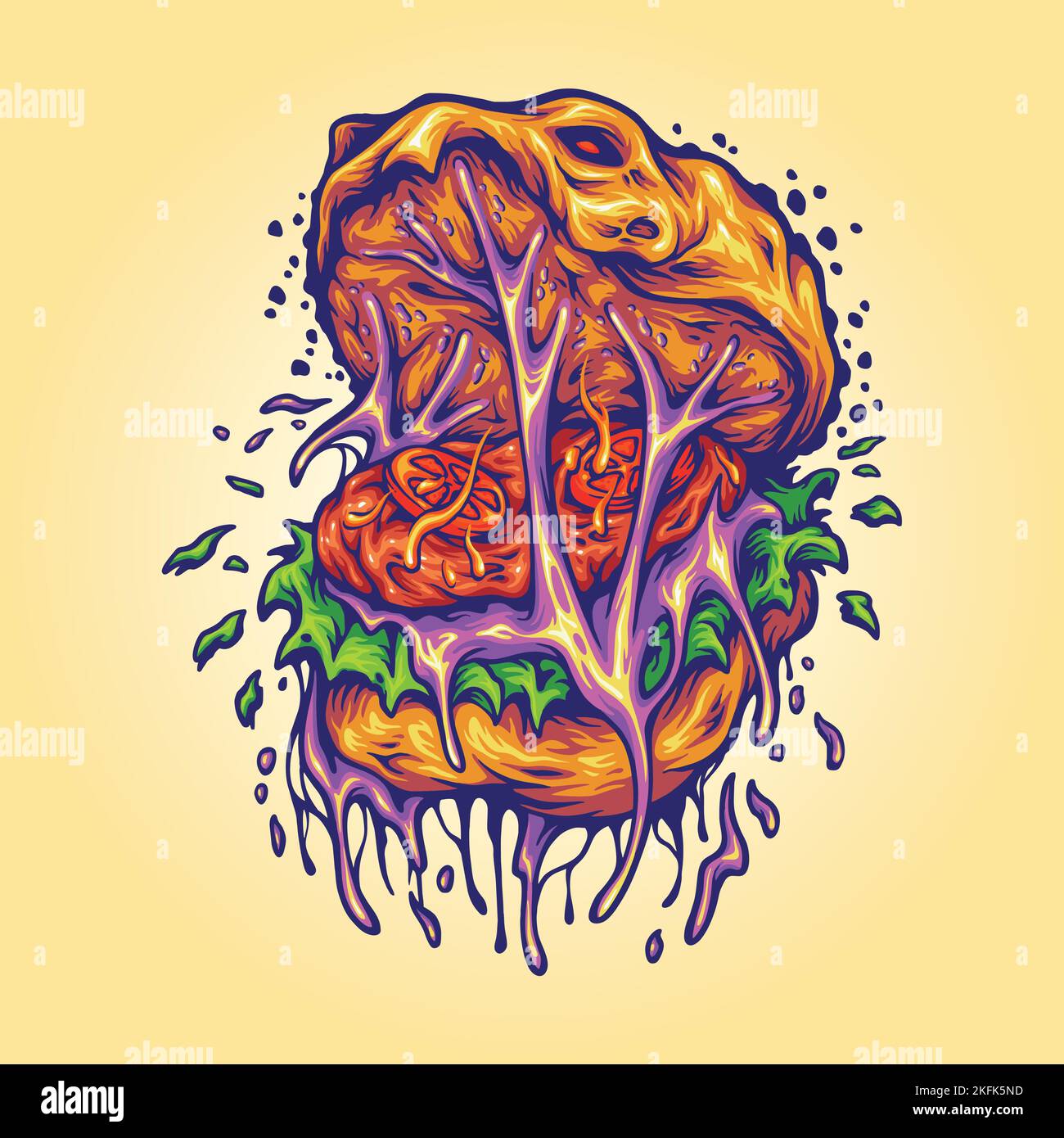 Scary delicious burger melting illustration vector illustrations for your work logo, merchandise t-shirt, stickers and label designs, poster Stock Vector