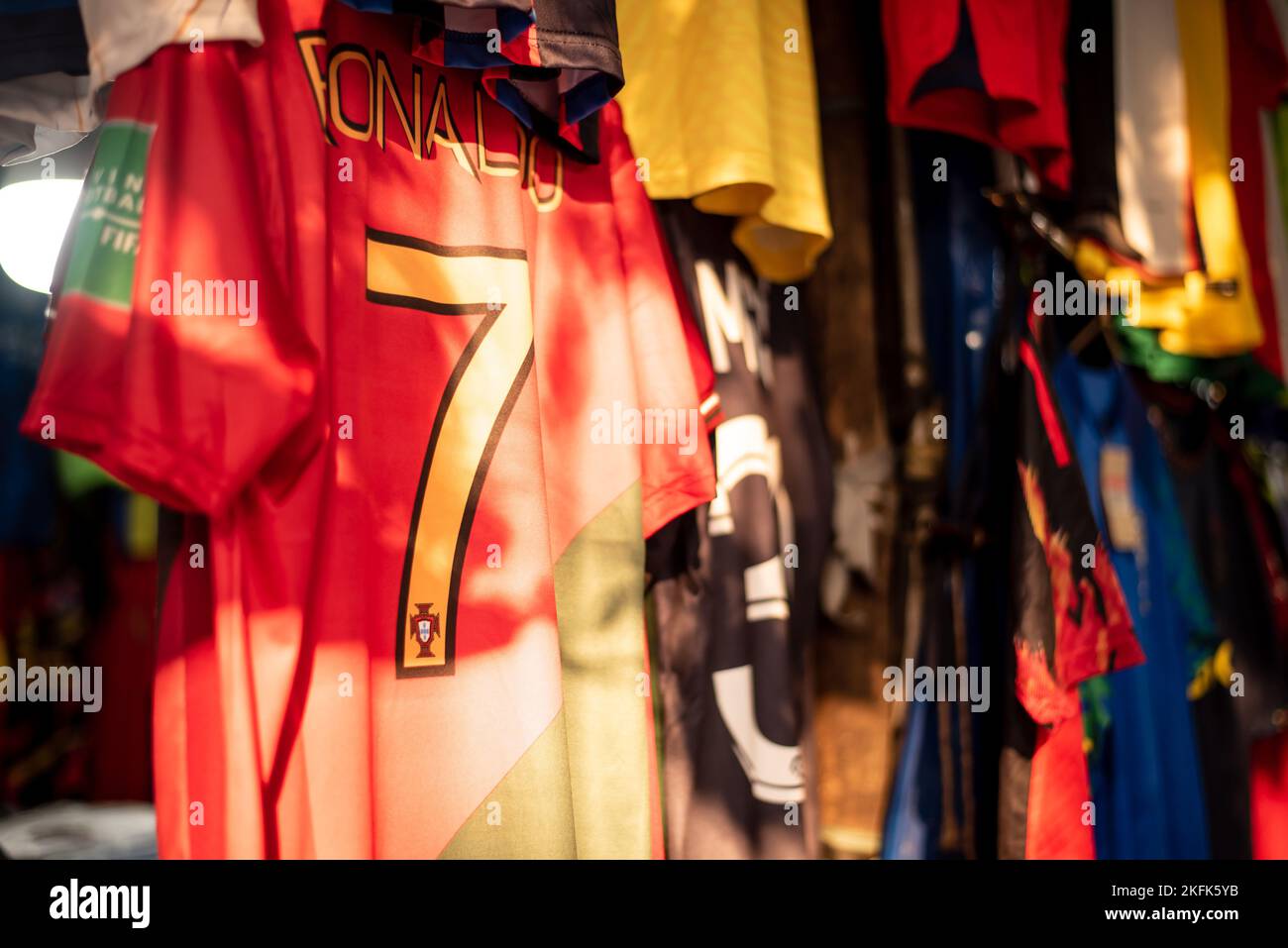 Calcutta, India - November 15, 2022. Soccer jersey of Cristiano Ronaldo number 07 is hanging in a retail shop to sell Stock Photo