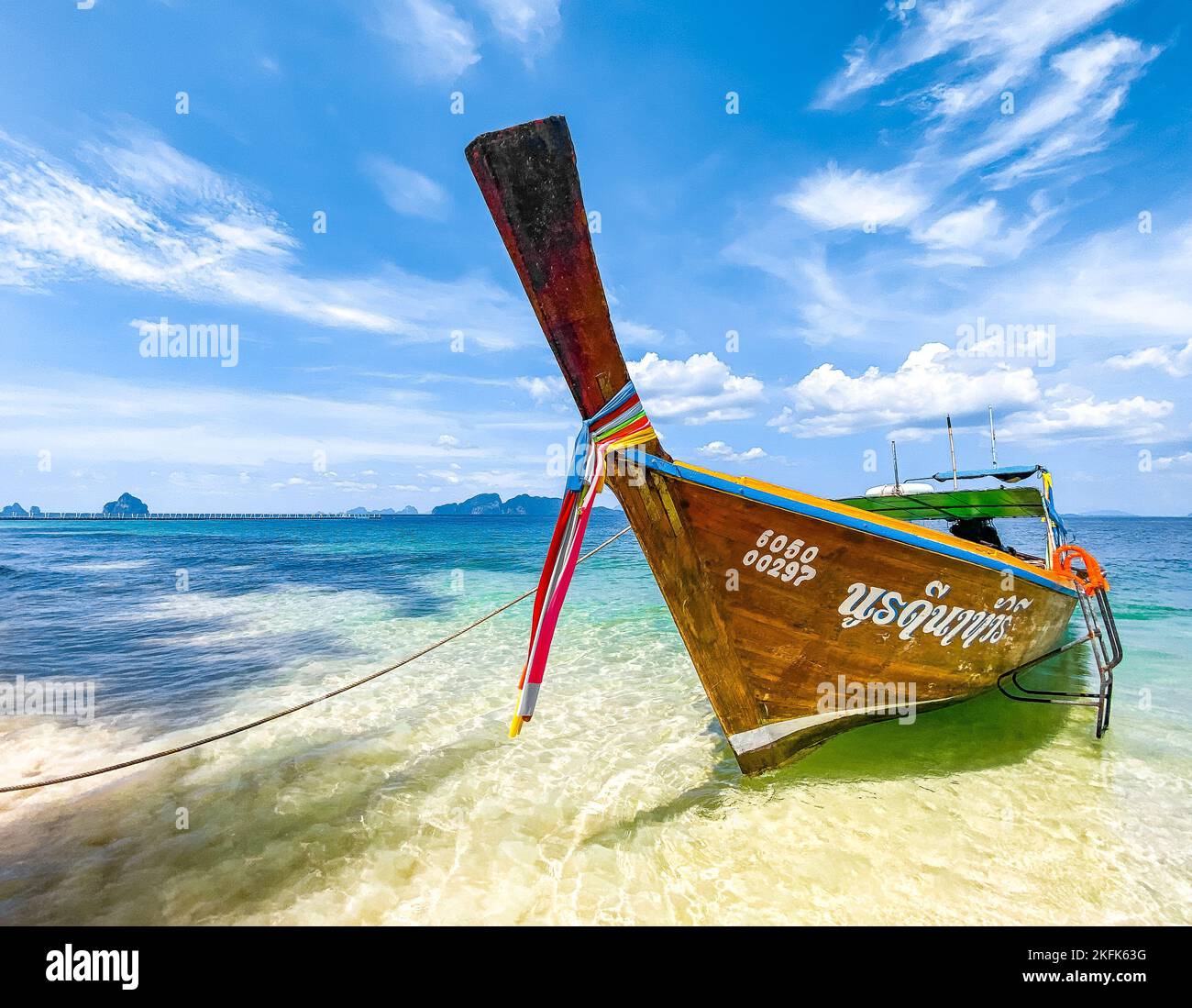 Beach view and long tail boat in Koh Kradan island in Trang, Thailand