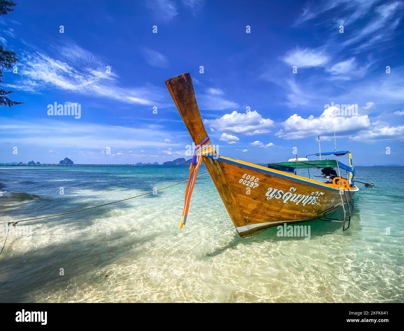 Beach view and long tail boat in Koh Kradan island in Trang, Thailand