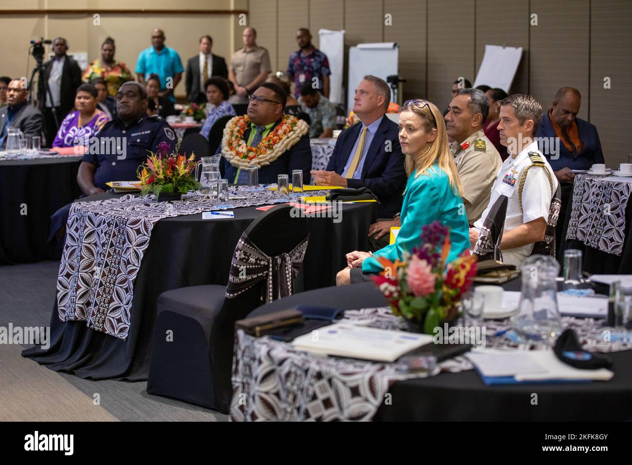Distinguished guests of honor representing the U.S. Department of State, Fiji Ministry of Defence, Republic of Fiji Military Forces, and Fiji Police Force, receive a brief providing action recommendations at Fiji’s first Women, Peace and Security National Action Plan Orientation Workshop. Facilitated by U.S. Indo-Pacific Command, the workshop consisted of Fijian government and civil society organization representatives who lead the development of a Fiji WPS National Action Plan guided by UN Security Council Resolution (UNSCR) 1325 principles and gender perspective. Stock Photo