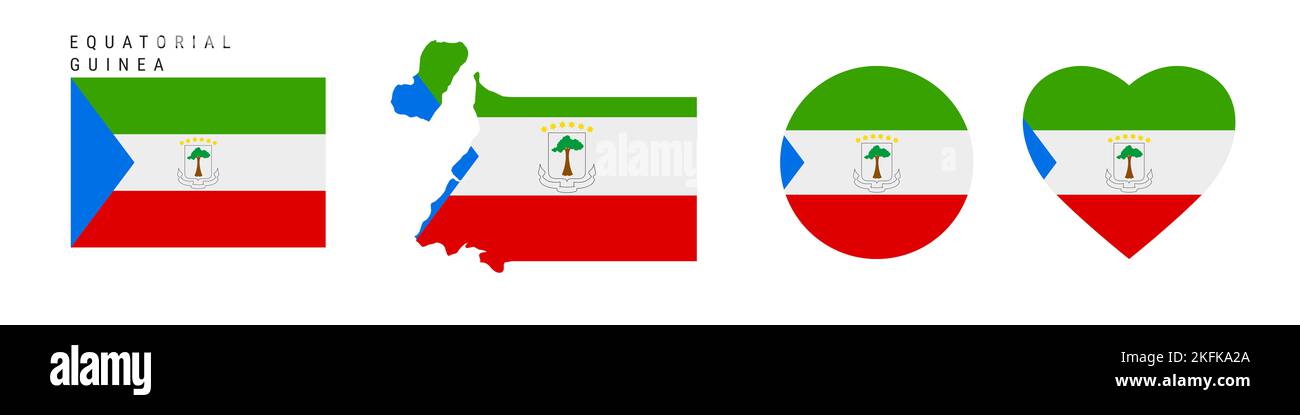 Equatorial Guinea flag icon set. Republic of Equatorial Guinea pennant in official colors and proportions. Rectangular, map-shaped, circle and heart-s Stock Photo