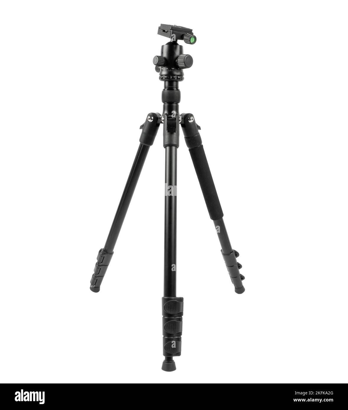 Modern photo video tripod isolated on white background. Aluminum