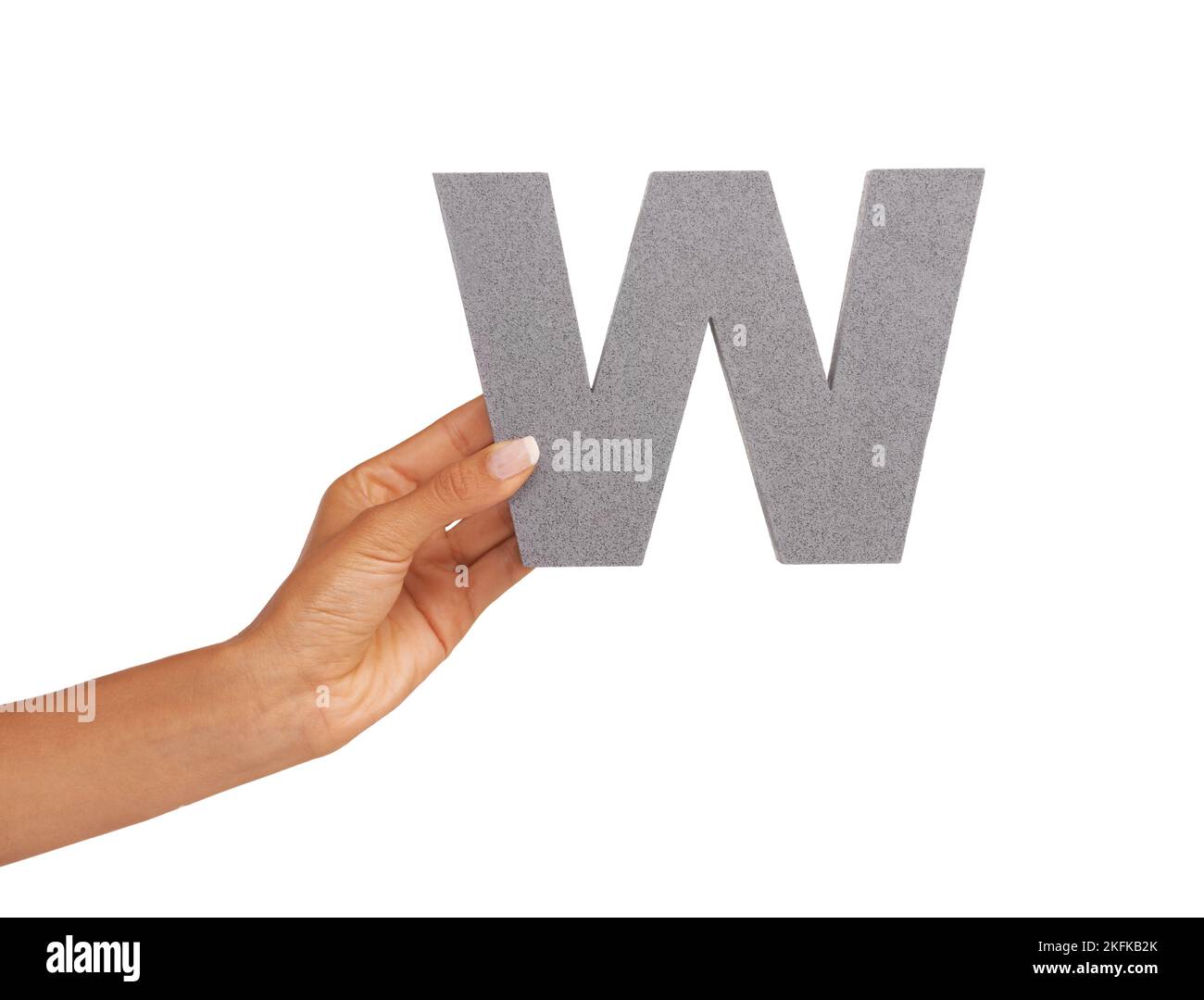 Whats with this W. A young woman holding a capital letter W isolated on a white background. Stock Photo