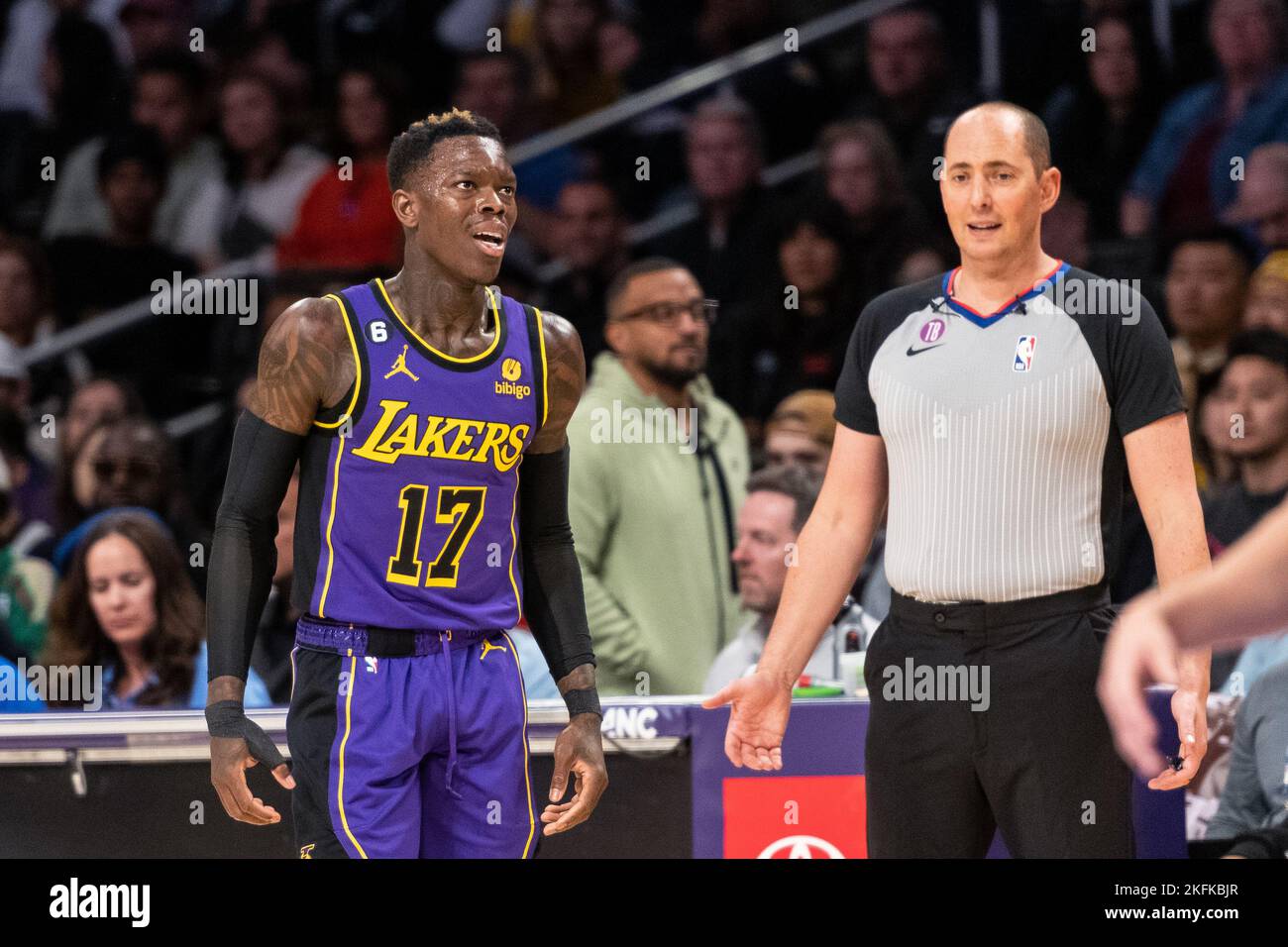 18 November 2022, US, Los Angeles: Basketball: NBA, Los Angeles Lakers - Detroit Pistons; Main round, Main round games, Matchday 31: National basketball player Dennis Schröder (left) in action during the Los Angeles Lakers' game against the Detroit Pistons. For the player from Braunschweig, it is the first game of the current NBA season after an injury to his thumb. Photo: Maximilian Haupt/dpa Stock Photo